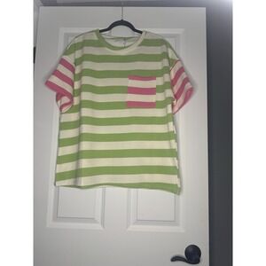 First Love Pocket Drop Striped Oversized Top Medium Green Cream Pink Nwt 56